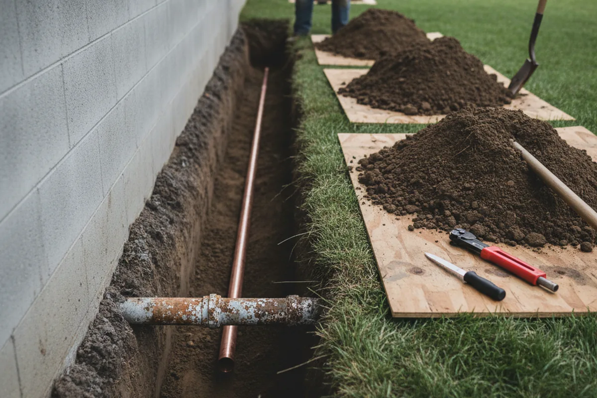 Excavated water line trench during Sewer Line Repair in Ceres